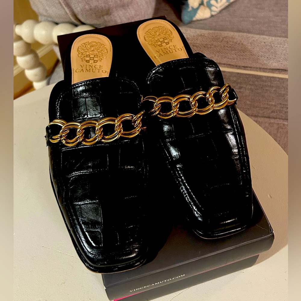 Vince Camuto Black Croc-Embossed Mules with Gold Chain